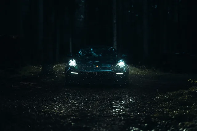 Scheinwerfer im dunklen Wald