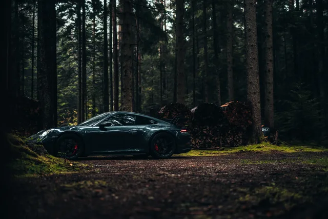 Petrolblauer Porsche weit im dunklen Wald